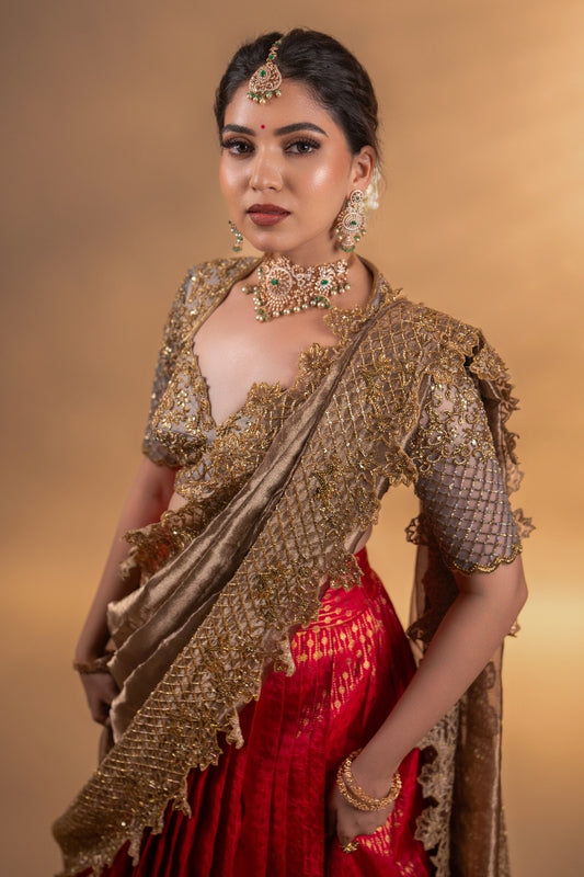 BRIDAL KANJEEVARAM HALF SAREE IN GREY & RED