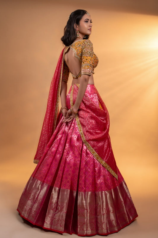 BRIDAL KANJEEVARAM HALF SAREE IN MUSTARD & PINK