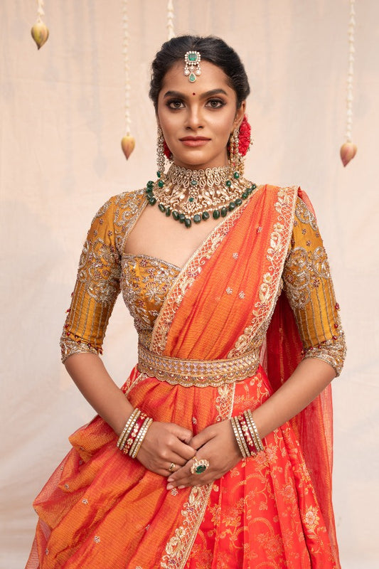 RED AND GOLD KANCHIPURAM BRIDAL HALF SAREE