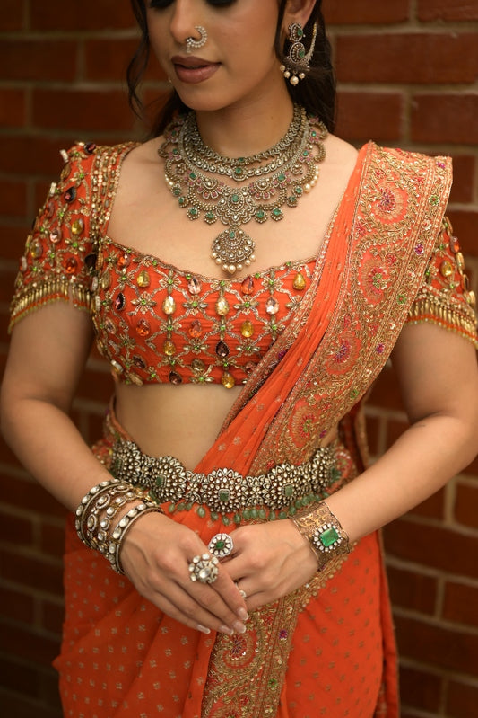 Banarasi georgette saree in orange | Reception / Bridal wear by Studio149, Chennai
