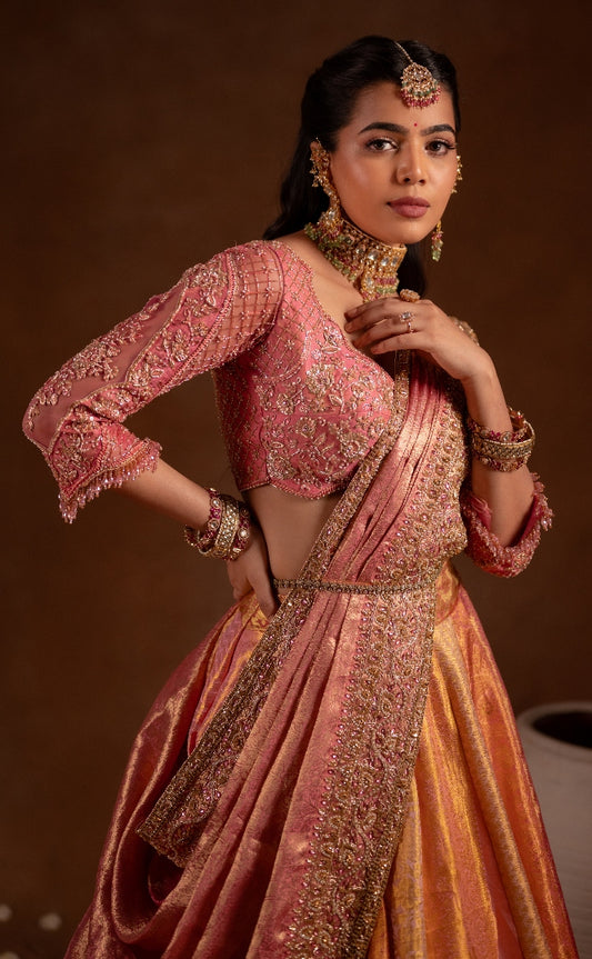 Bridal Kanjeevaram Multi- Panel Lehenga in Soft Pink | Bridal & Engagement Wear by Studio 149, Chennai