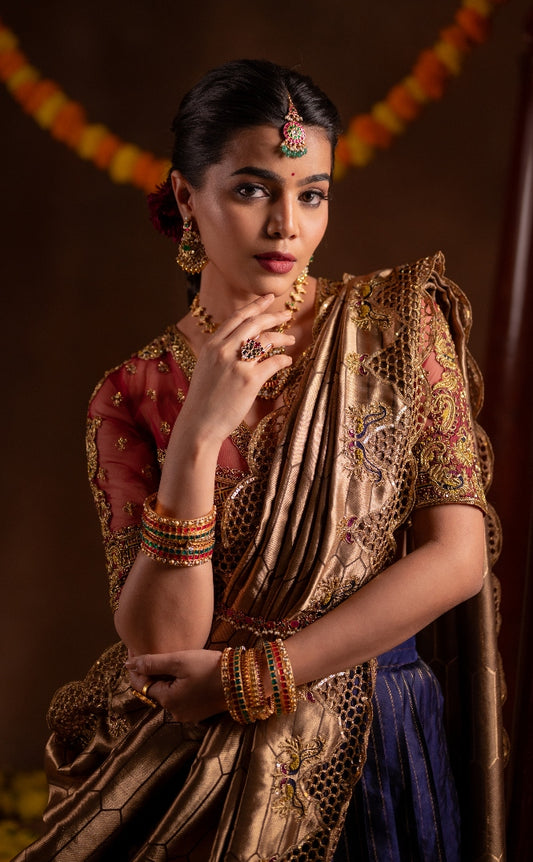 Brown Gold and Midnight Blue Bridal Kanjivaram Half Saree  | Bridal & Engagement Wear by Studio 149, Chennai