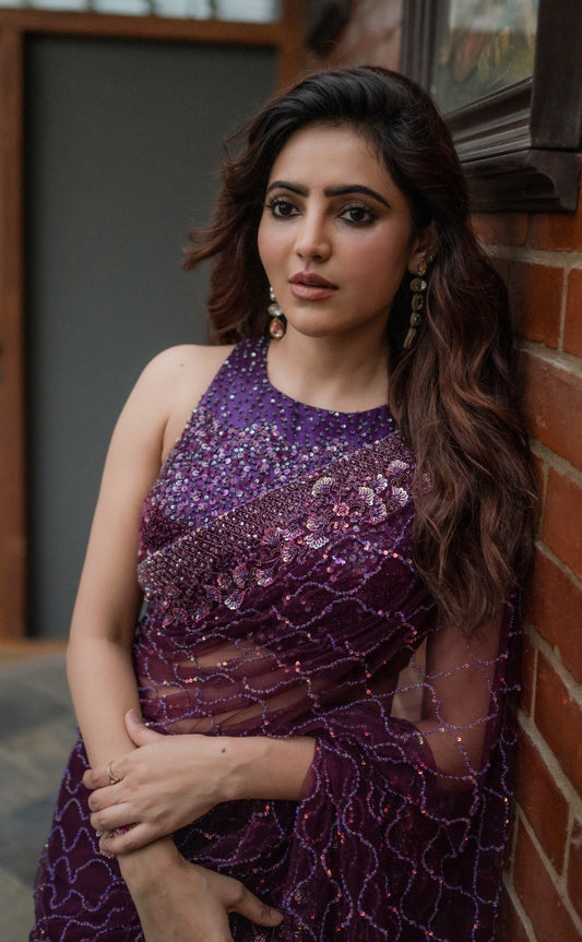 Deep Purple Hand-Embroidered Designer Saree | Reception wear | Studio149