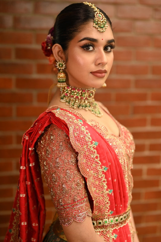 BRIDAL KANJEEVARAM HALF SAREE IN RED AND GREEN