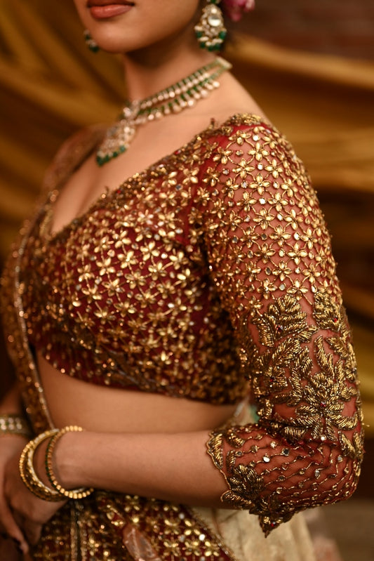 BRIDAL KANJEEVARAM HALF SAREE IN MAROON AND PEACH