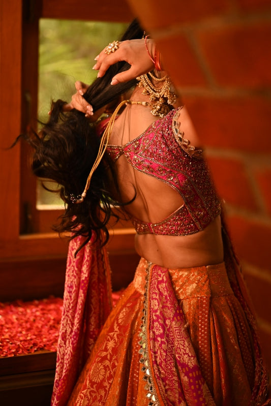 BRIDAL PANELLED BROCADE LEHENGA IN PINK AND ORANGE