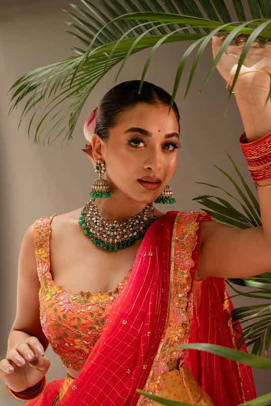 BRIDAL KANJEEVARAM HALF SAREE IN ORANGE AND YELLOW