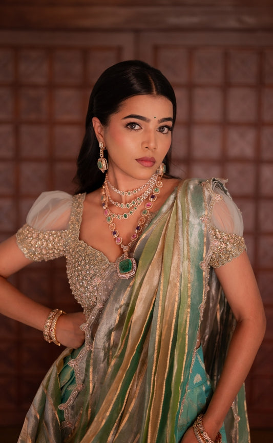 BRIDAL KANJEEVARAM HALF SAREE IN PASTEL BLUE AND GREEN