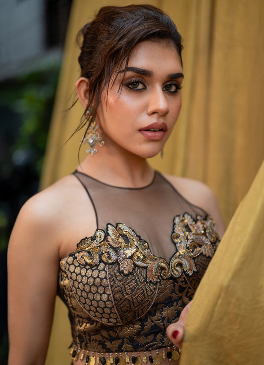 Designer Crop Top and Skirt set in Black| Bridal wear lehengas for Cocktail/ Sangeet by Studio 149, Chennai
