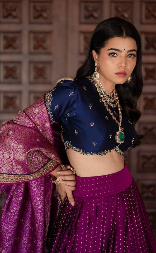 BRIDAL KANJEEVARAM HALF SAREE IN NAVY BLUE AND PURPLE