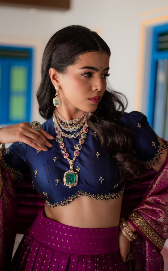 PATTU PAVADAI DHAVANI IN NAVY BLUE AND PURPLE โ Studio 149 Fashion