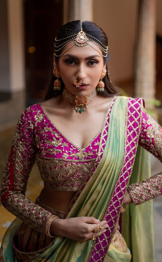 BRIDAL KANJEEVARAM HALF SAREE IN PURPLE AND GREEN