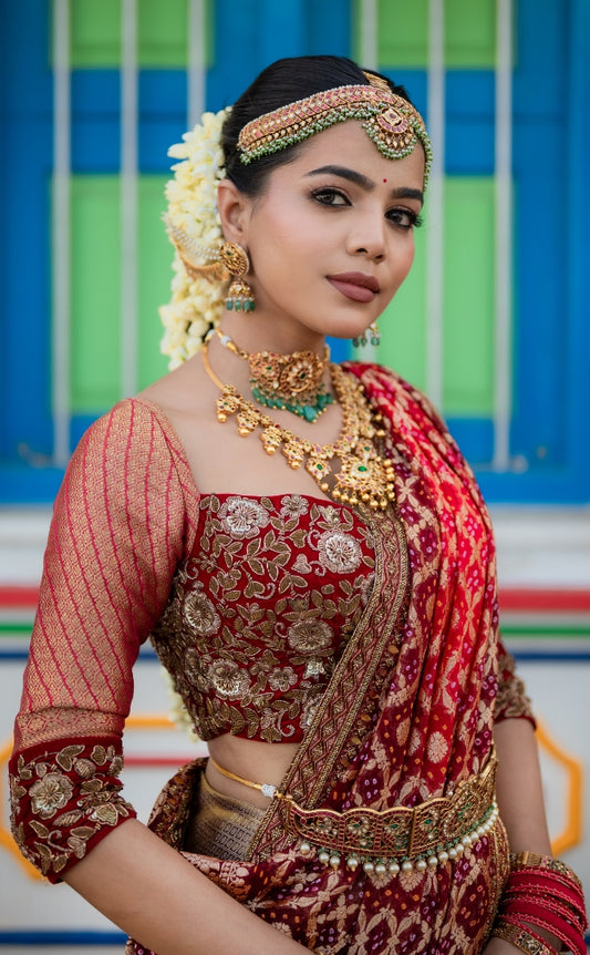 BRIDAL KANJEEVARAM HALF SAREE IN MAROON AND GREY