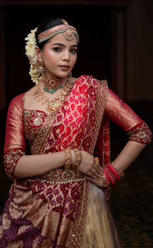 BRIDAL KANJEEVARAM HALF SAREE IN MAROON AND GREY
