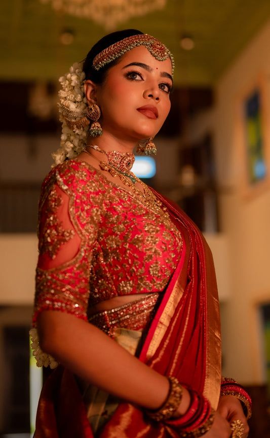 BRIDAL KANJEEVARAM HALF SAREE IN RED AND GOLD