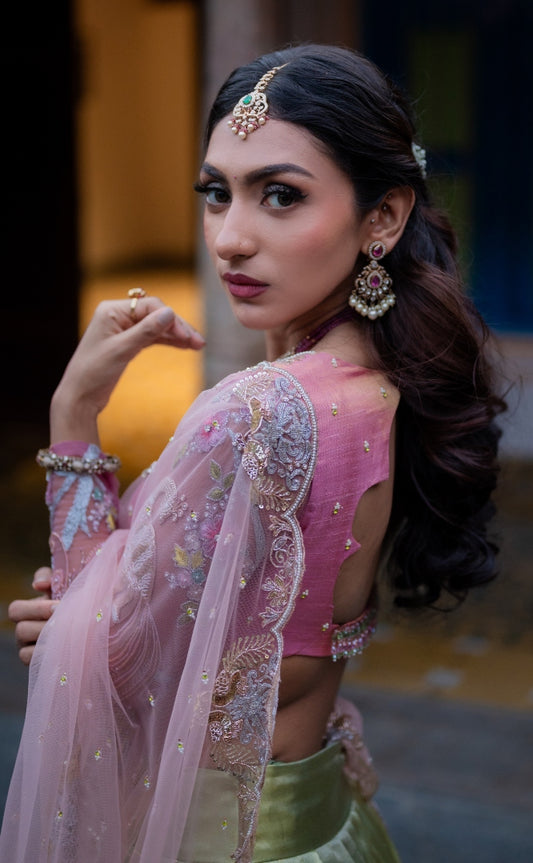 BRIDAL KANJEEVARAM HALF SAREE PINK AND MINT GREEN