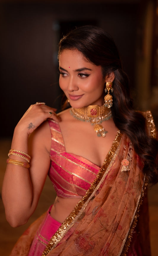 Pink Chanderi tissue Lehenga | Bridal wear for Haldi / / Mehandi/ Sangeet / Wedding by STUDIO149, Chennai
