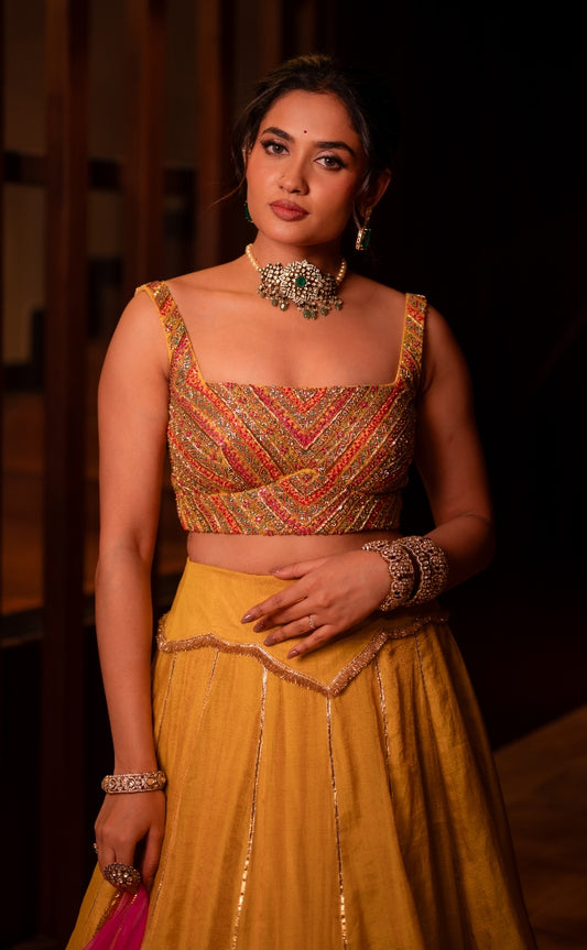 Yellow patchwork lehenga | Bridal wear by STUDIO 149, Chennai for Haldi / Mehendi / Destination Wedding/ Reception