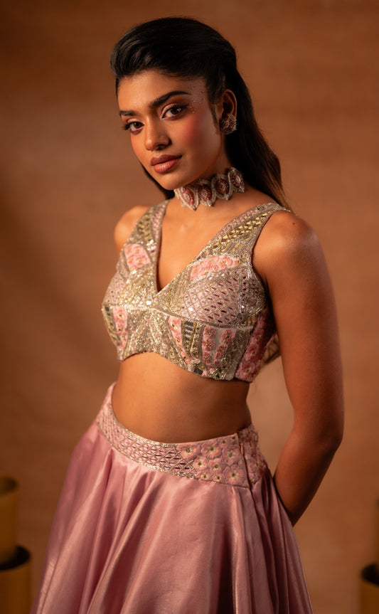 Dusty pink liquid organza lehenga | Sangeet / Cocktail wear by Studio149