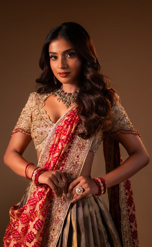 Kanjeevaram half saree in off-white & maroon | Bridal / Engagement Wear by Studio 149, Chennai