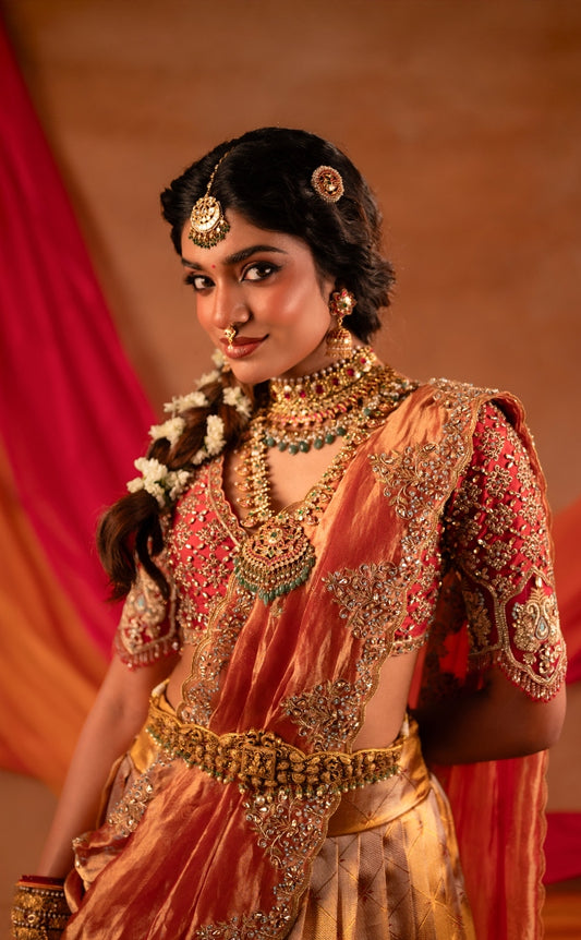 Kanjeevaram half saree in rust & gold | Bridal / Engagement wear by Studio 149, Chennai