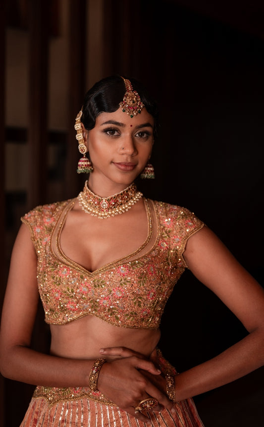 Peach Chanderi tissue gota lehenga | Bridal wear by STUDIO 149 for Sangeet/ Haldi / Mehandi / Festive wear