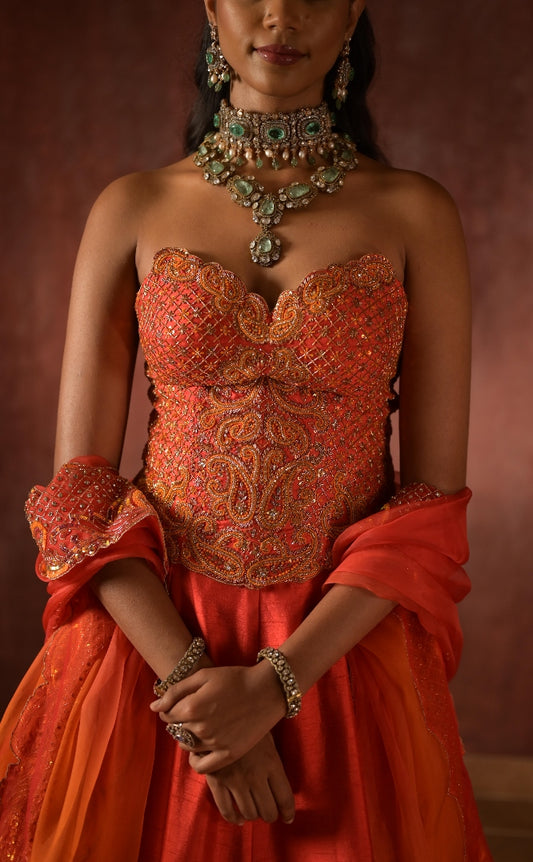 Orange Corset Lehenga | Bridal wear for Reception/ Wedding / Cocktail by STUDIO149, Chennai