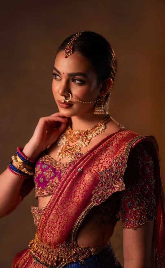 Kanjeevaram half saree in purple & blue | Bridal / Engagement wear by Studio149, Chennai