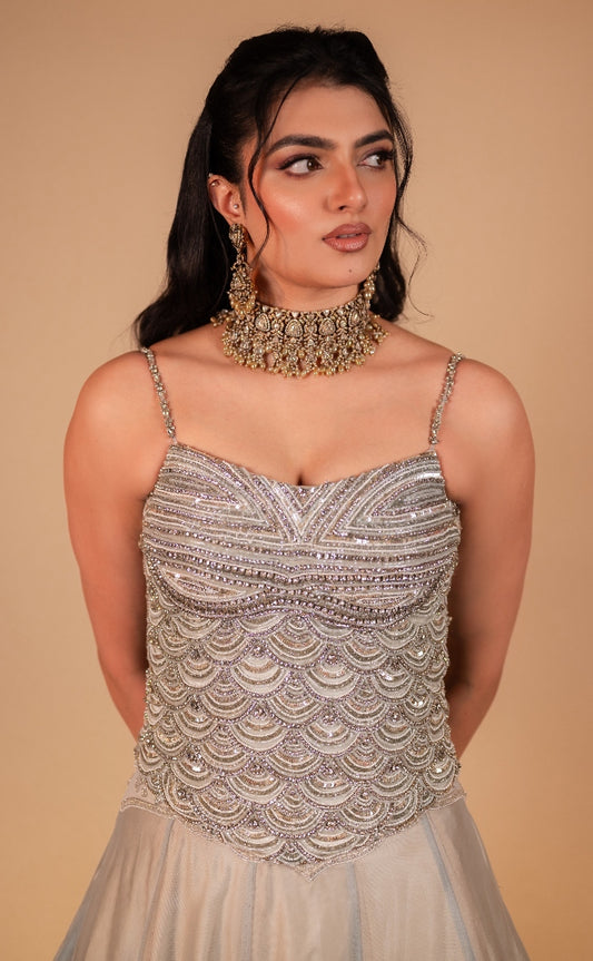 Ombre Grey-Blue Tulle Lehenga with Hand-Embroidered Corset Blouse by Studio 149 for Engagement| Reception |sangeet and cocktail