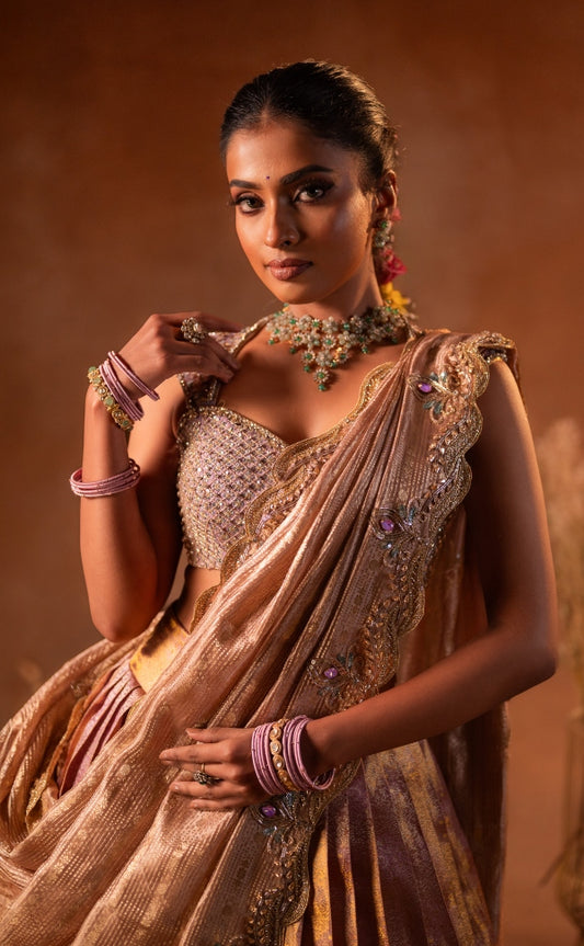 Kanjeevaram half saree in gold & lilac | Bridal / Engagement wear by Studio 149, Chennai