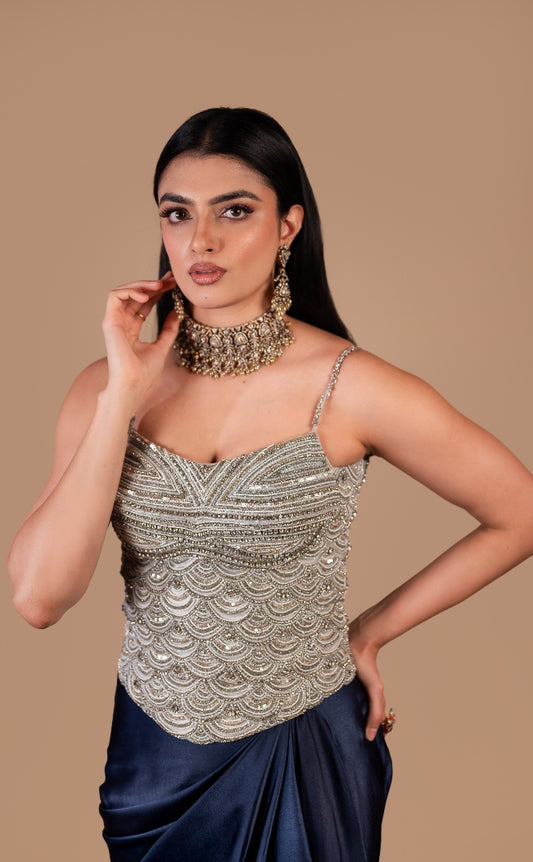 Silver Embellished Corset & Navy Blue Drape Skirt |Sangeet & Cocktail | studio 149