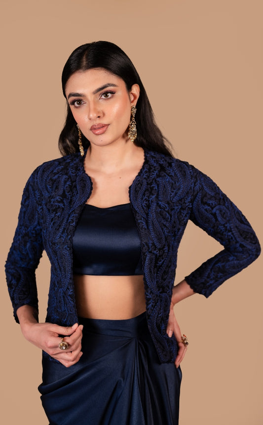 Wedding Cocktail Co-ord Set in Navy Blue with Satin Drape Skirt & Paisley Jacket by Studio149