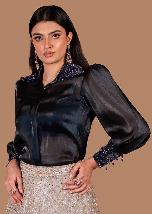 Navy Blue Organza Embellished  Shirt  for Sangeet & Cocktail | Studio149, Chennai