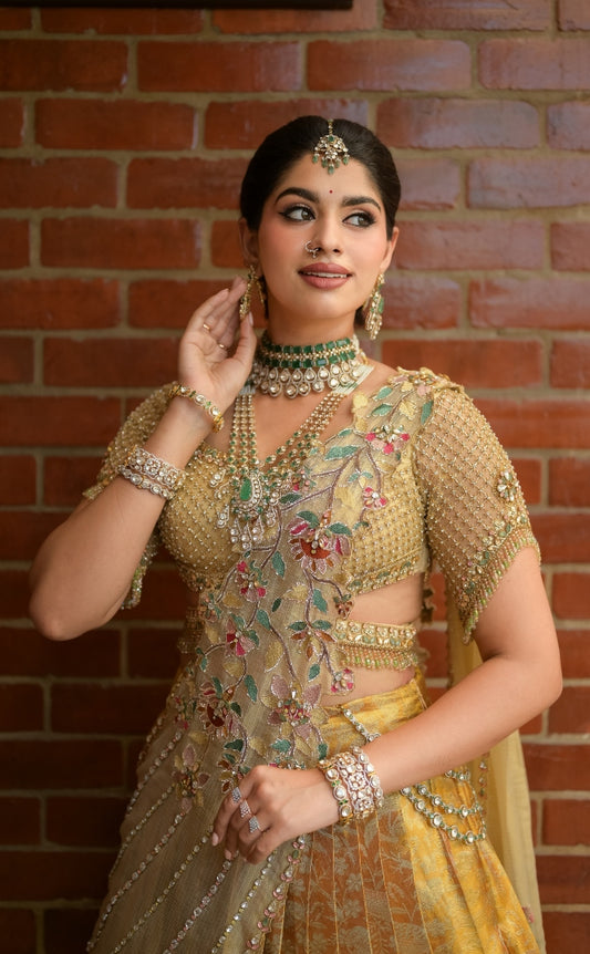 Kanjeevaram half saree in off-white & gold | Bridal / Engagement wear by Studio 149, Chennai