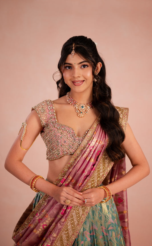 Kanjeevaram half saree in pink and blue | Bridal / Engagement wear by Studio 149, Chennai