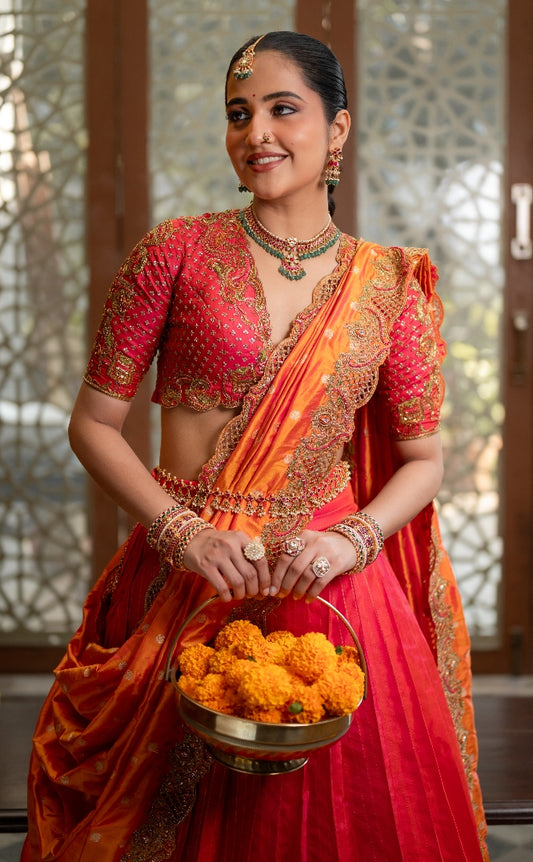 Pink and Orange Bridal Kanjeevaram Half Saree  | Bridal & Engagement Wear by Studio 149, Chennai