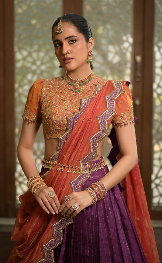 Purple and Rust Bridal Kanjeevaram Half Saree  | Bridal & Engagement Wear by Studio 149, Chennai