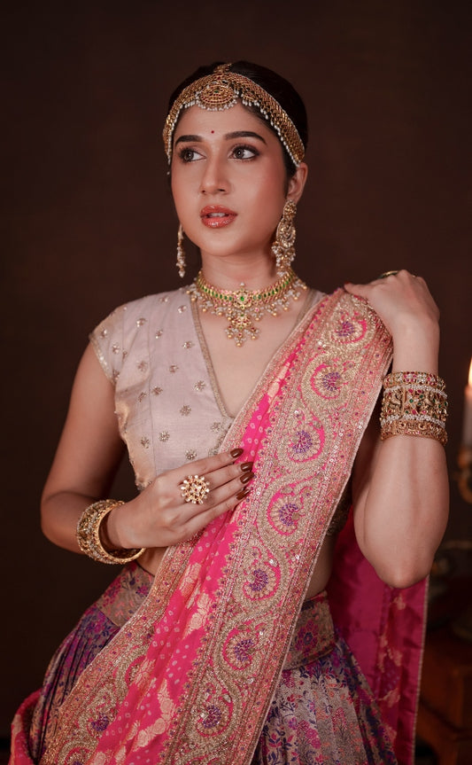 BRIDAL KANJEEVARAM HALF SAREE IN MAUVE AND PURPLE