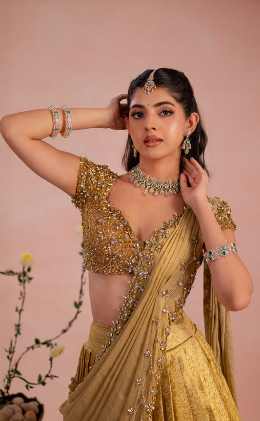 Kanjeevaram half saree in gold | Bridal / Engagement wear by Studio 149, Chennai