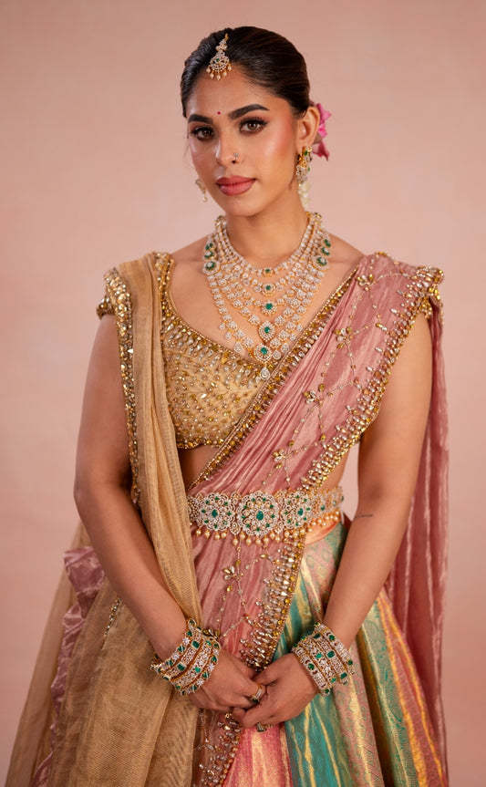 Kanjeevaram multi- panel lehenga in pastel | Engagement / Bridal wear by Studio149, Chennai