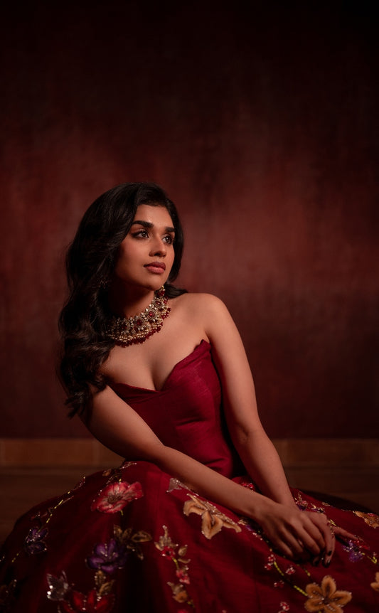 Maroon floral corset lehenga | Bridal wear for Cocktail/ Sangeet/ Haldi / Mehandi by STUDIO149, Chennai