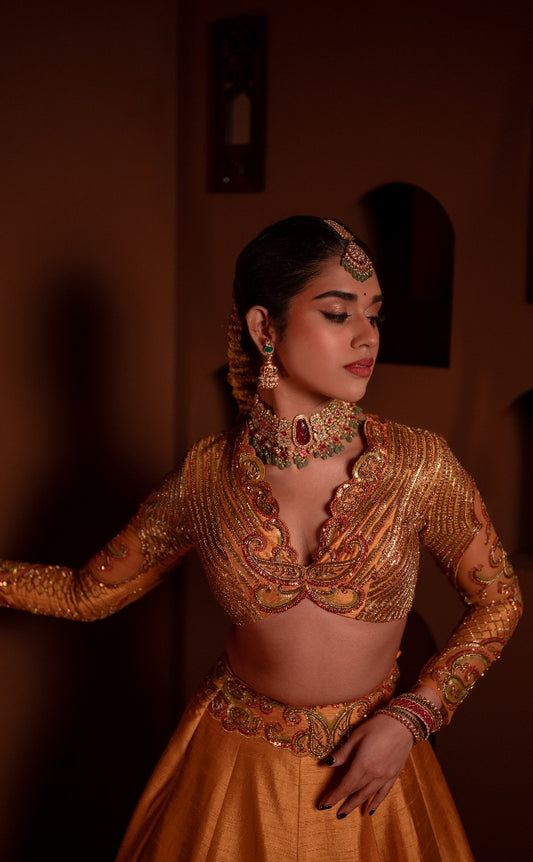 Sunset Yellow Paisley Lehenga | Bridal Wear for Mehendi/ Haldi/ Sangeet/ Wedding Celebrations  by STUDIO 149, Chennail