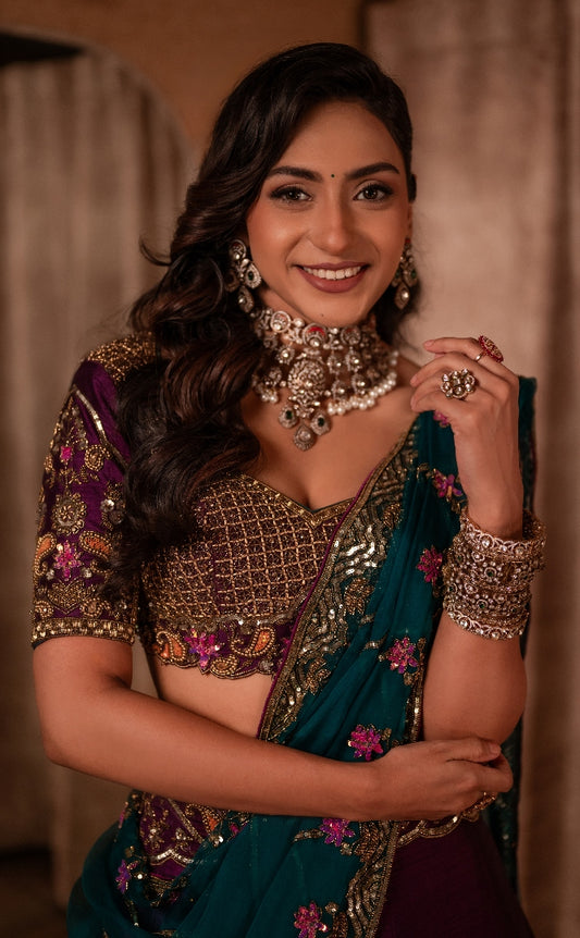 Purple and Teal Lehenga | Bridal wear for Reception/ Wedding/ Sangeet by STUDIO149, Chennai