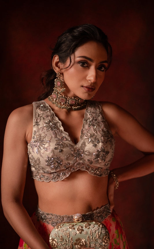 Grey tulle blouse with printed skirt ensemble by Studio 149 for sangeet/ mehendi and festive events