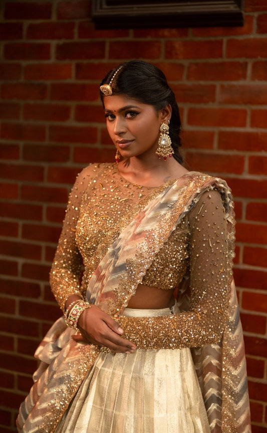 BRIDAL KANJEEVARAM HALF SAREE IN GOLD AND SILVER