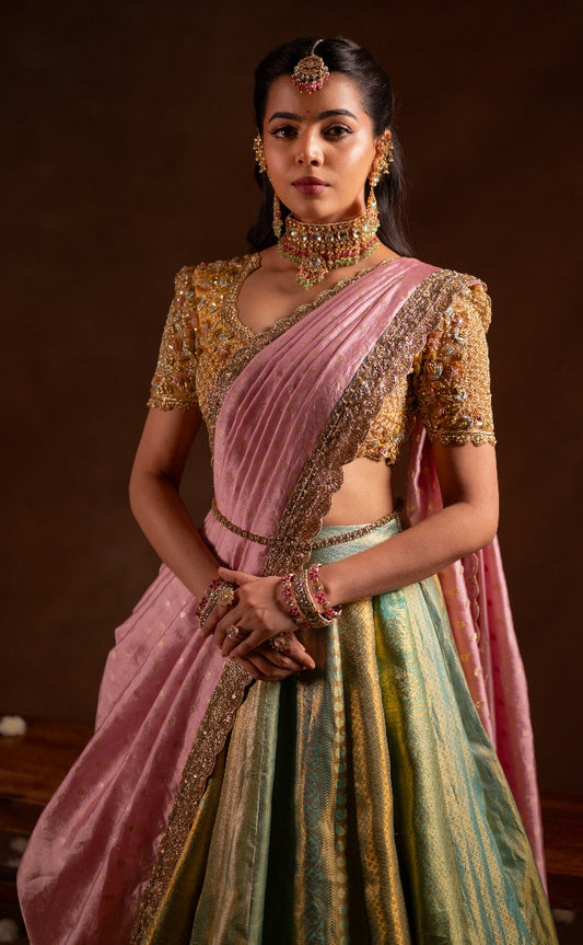 Bridal Kanjeevaram Multi- Panel Lehenga in Pastel Green | Bridal & Engagement Wear by Studio 149, Chennai