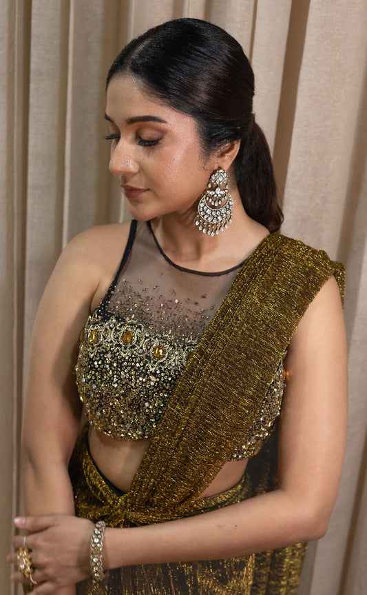 DESIGNER DRAPED SAREE IN METALLIC GOLD