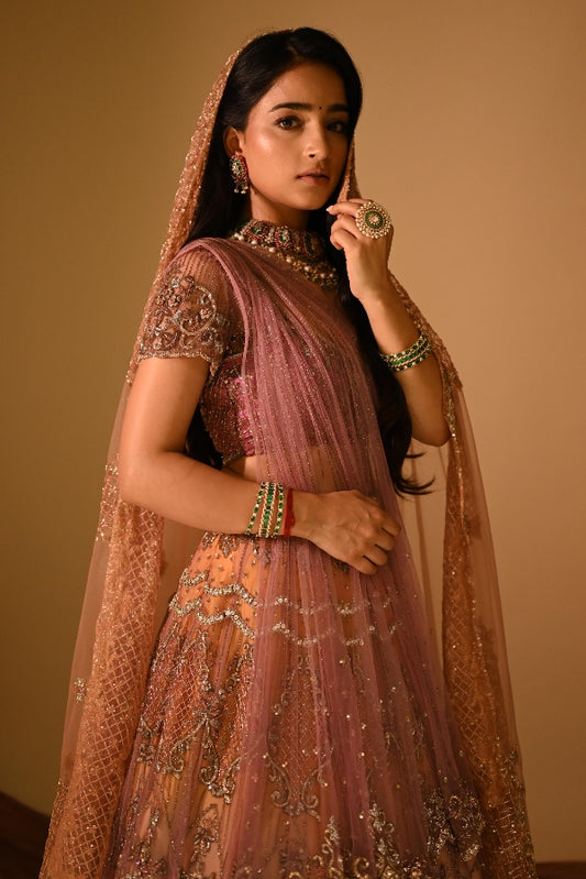 BRIDAL TULLE LEHENGA IN MAUVE AND PEACH OMBRE