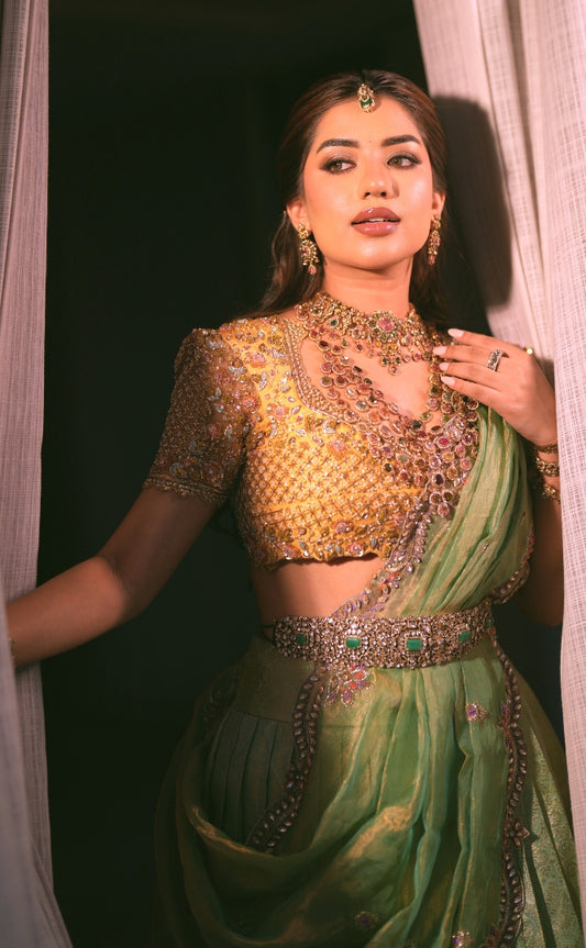 Green and Yellow Bridal Kanjivaram Half Saree  | Bridal & Engagement Wear by Studio 149, Chennai