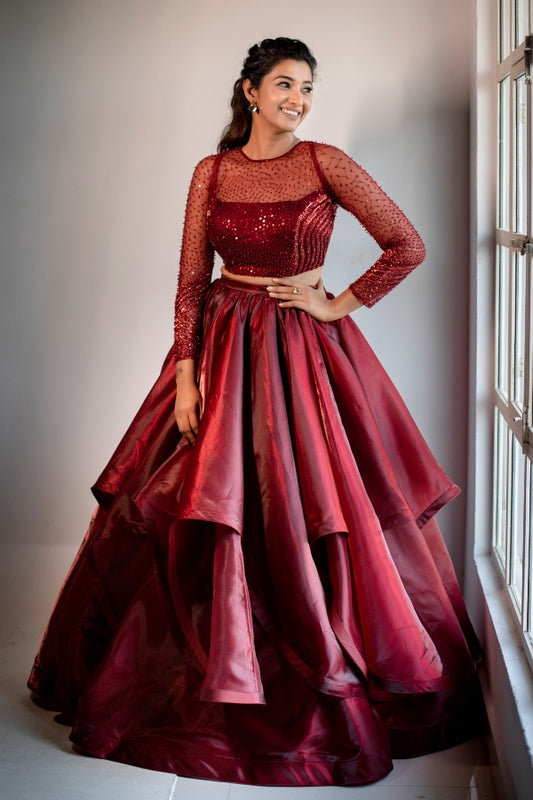 DESIGNER RECEPTION GOWN IN BURGUNDY